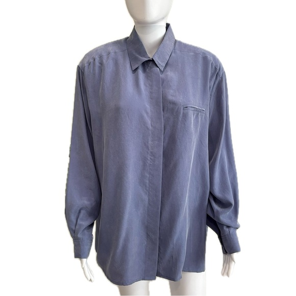 2567 Tops - 2567 100% Silk Long Sleeve Hidden Button Down Shirt Womens Size 12 Dusty Blue